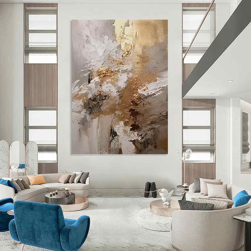 Hand-Painted Elegant Room - large textured art for fireplace